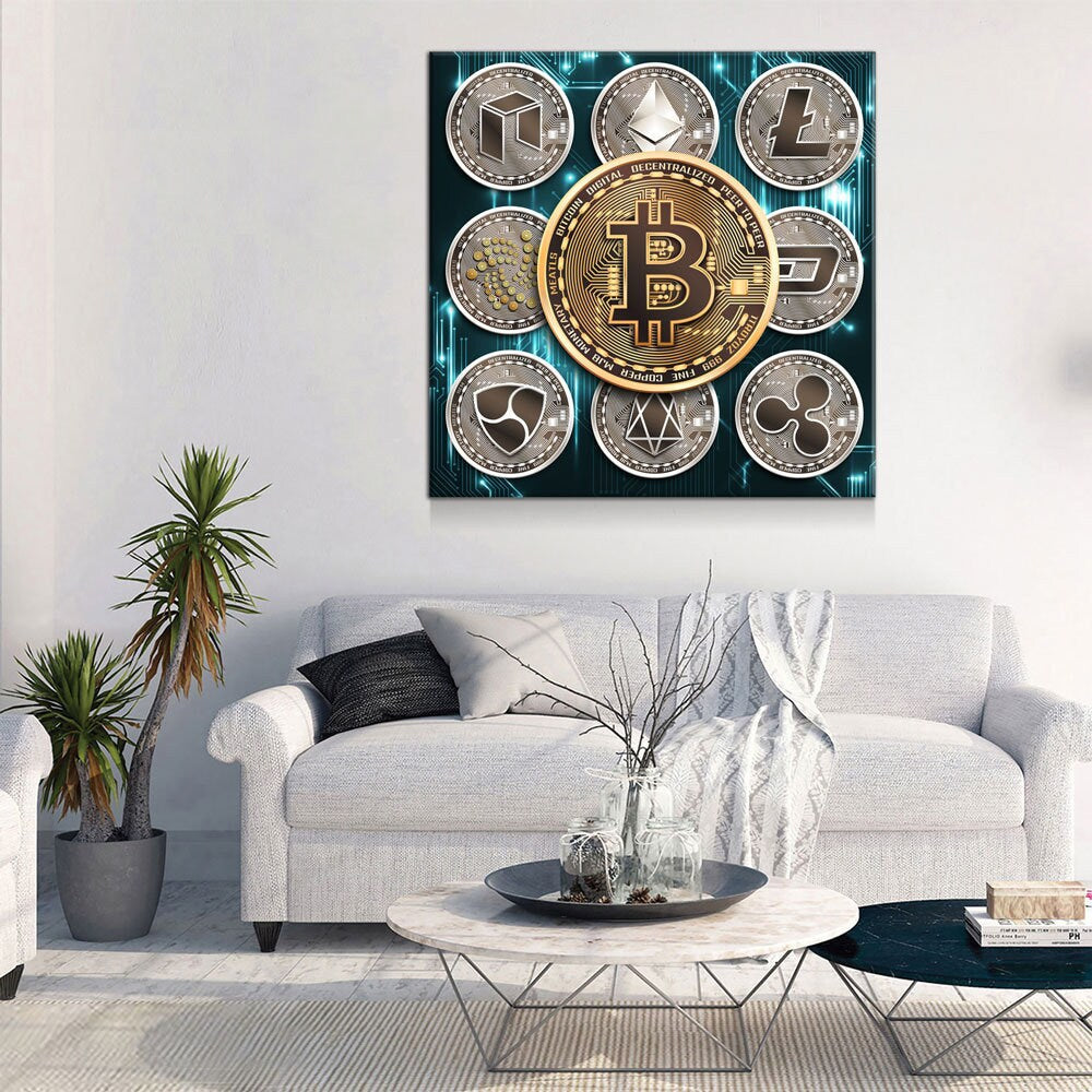 Cryptocurrency Canvas Wall Art, Crypto Coin Collage