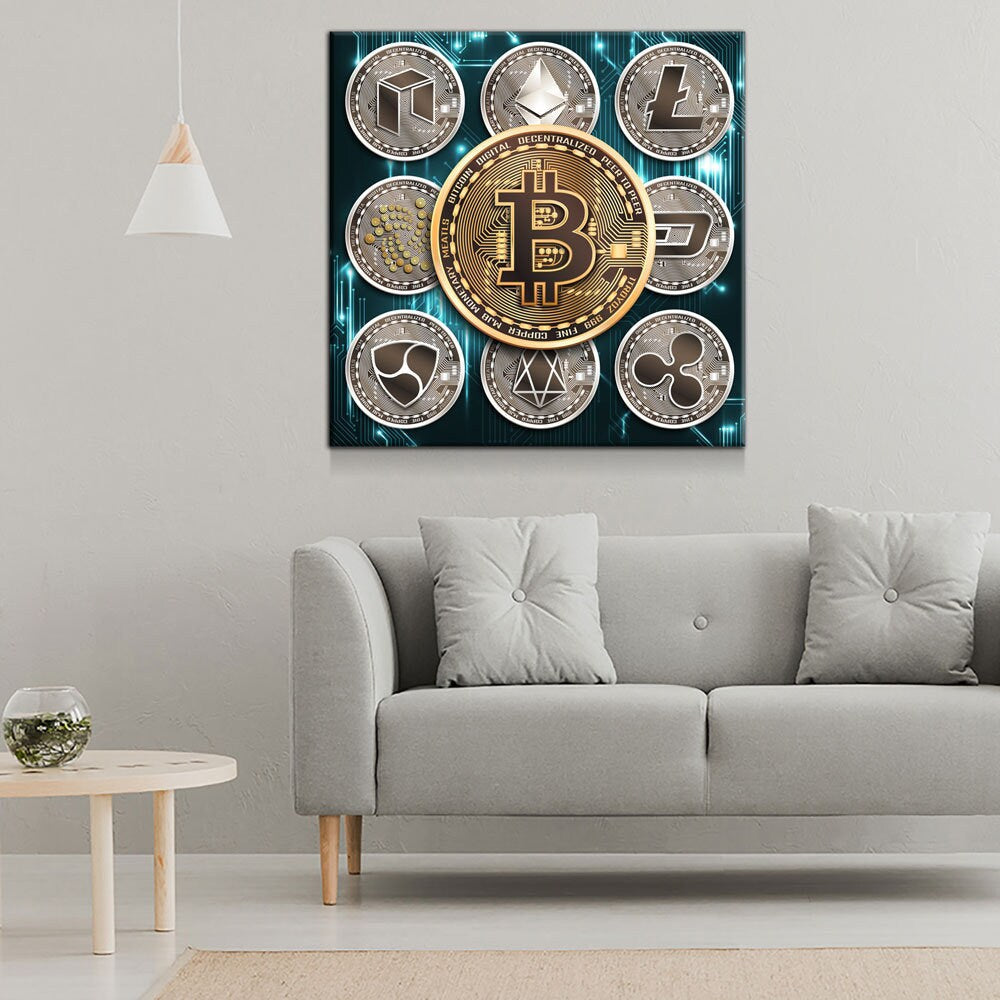 Cryptocurrency Canvas Wall Art, Crypto Coin Collage