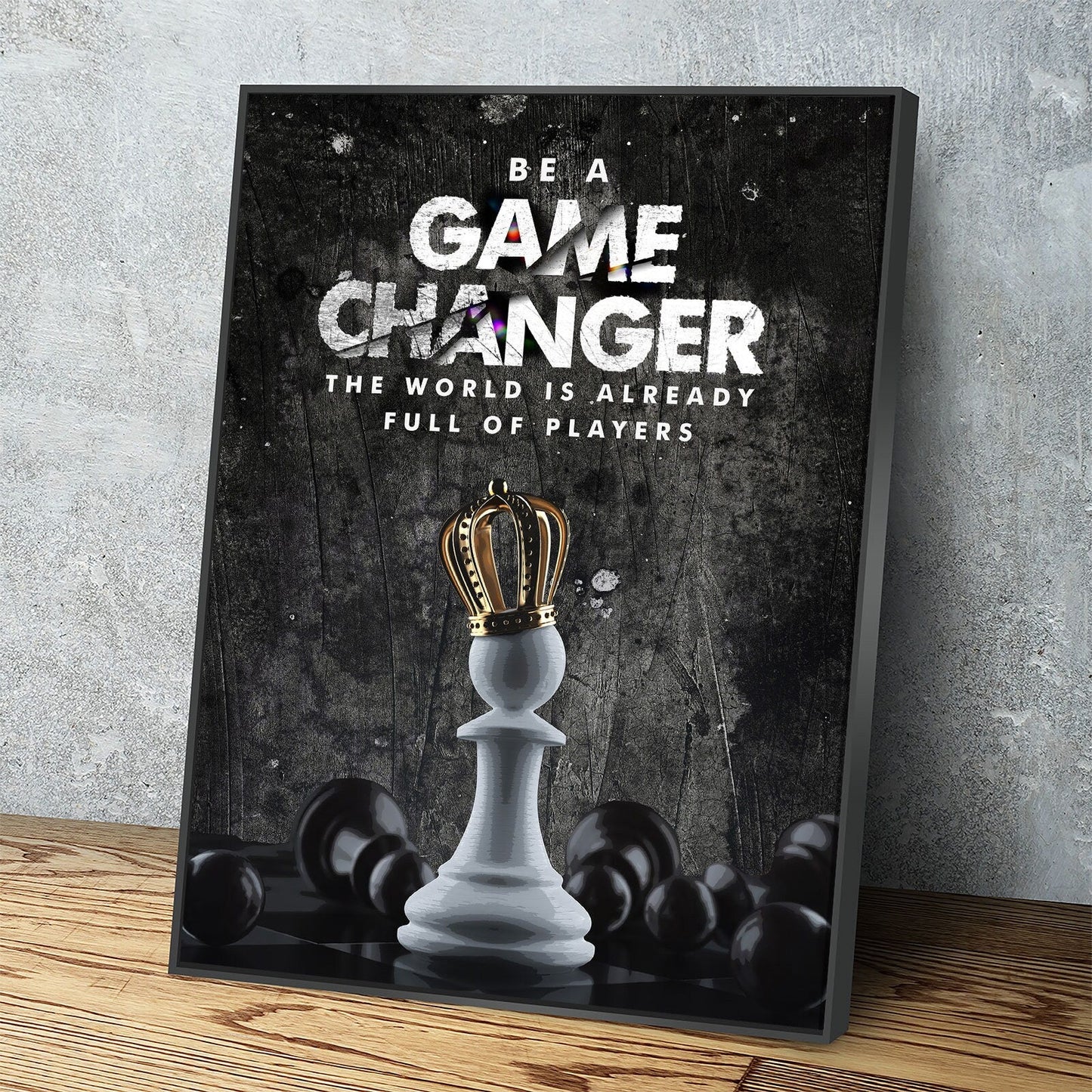 Chess themed motivational canvas wall art in a home office
