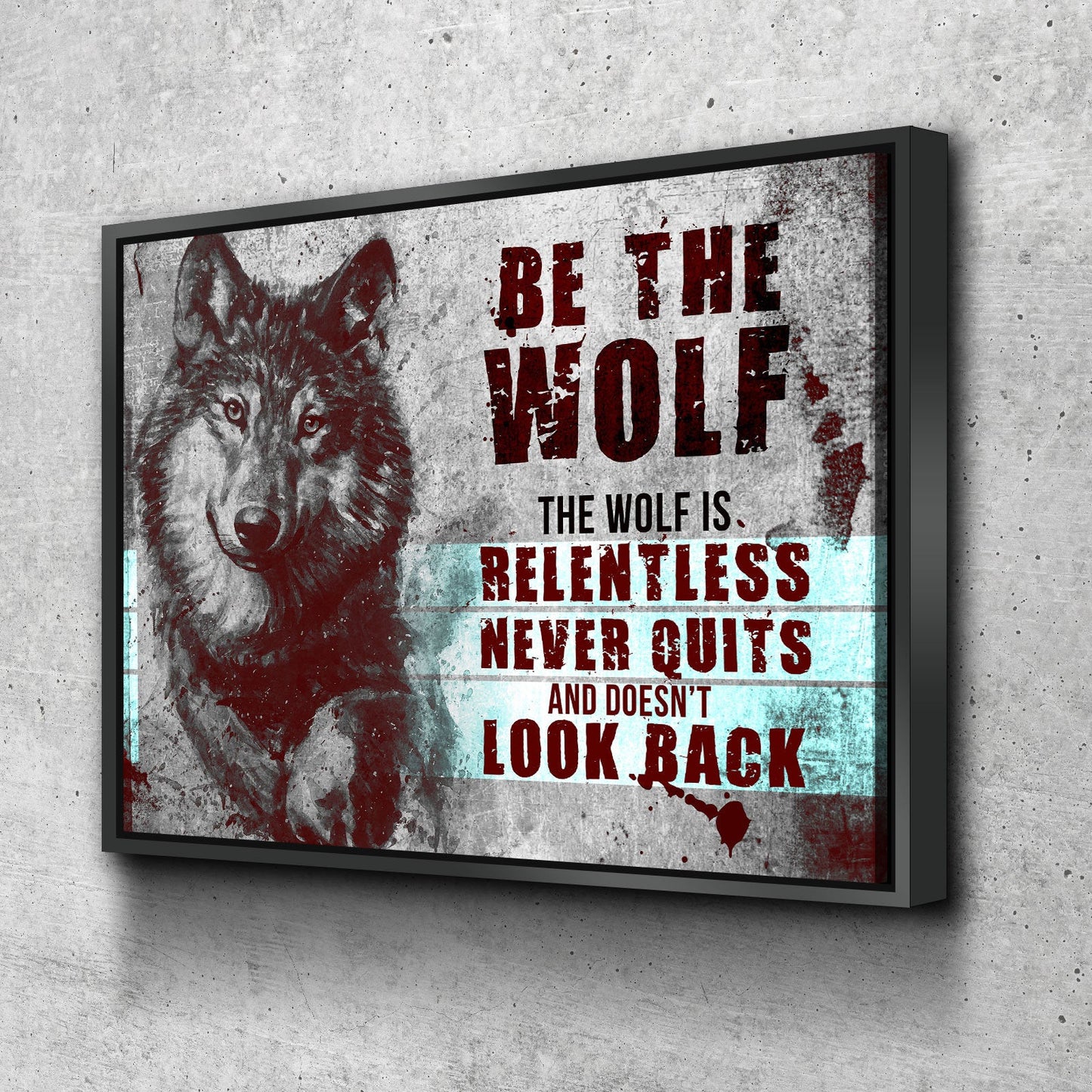 Be The Wolf motivational canvas wall art hanging in a home gym