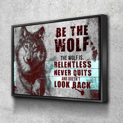 Be The Wolf motivational canvas wall art hanging in a home gym