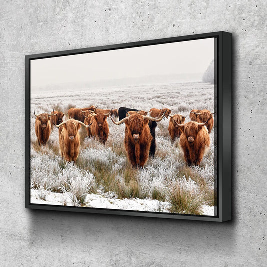 Highland Cows canvas wall art in a farmhouse living room