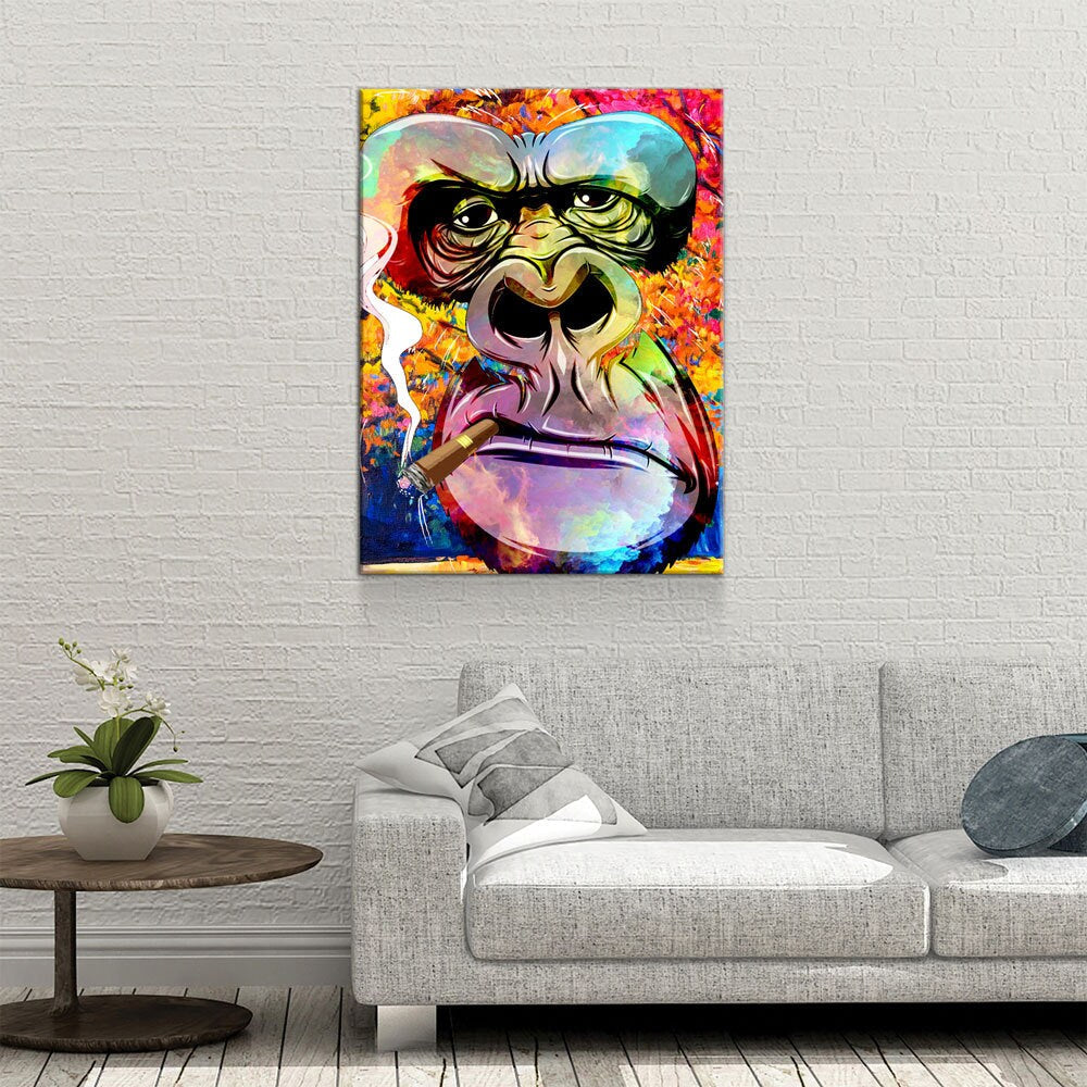 Abstract Gorilla Smoking Cigar Canvas Wall Art