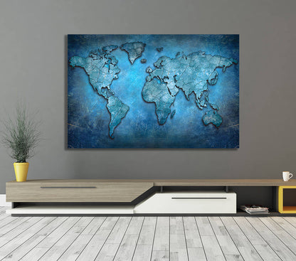 Blue Abstract World Map Canvas Wall Art, Earth Map Decor