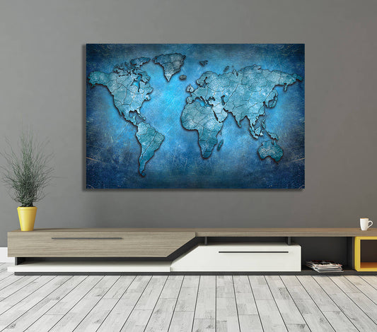 Blue Abstract World Map Canvas Wall Art, Earth Map Decor