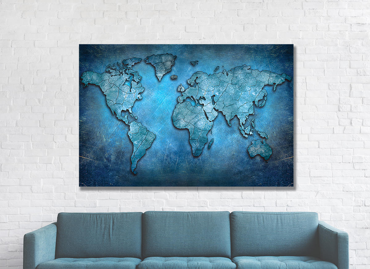 Blue abstract world map canvas wall art for office