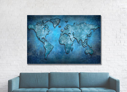 Blue abstract world map canvas wall art for office