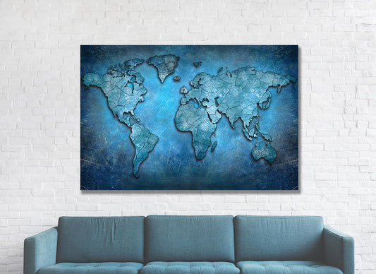 Blue abstract world map canvas wall art for office