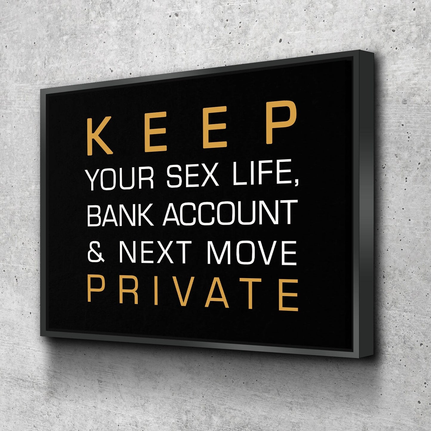 Keep Your Sex Life, Bank Account & Next Move Private motivational canvas wall art in a home office