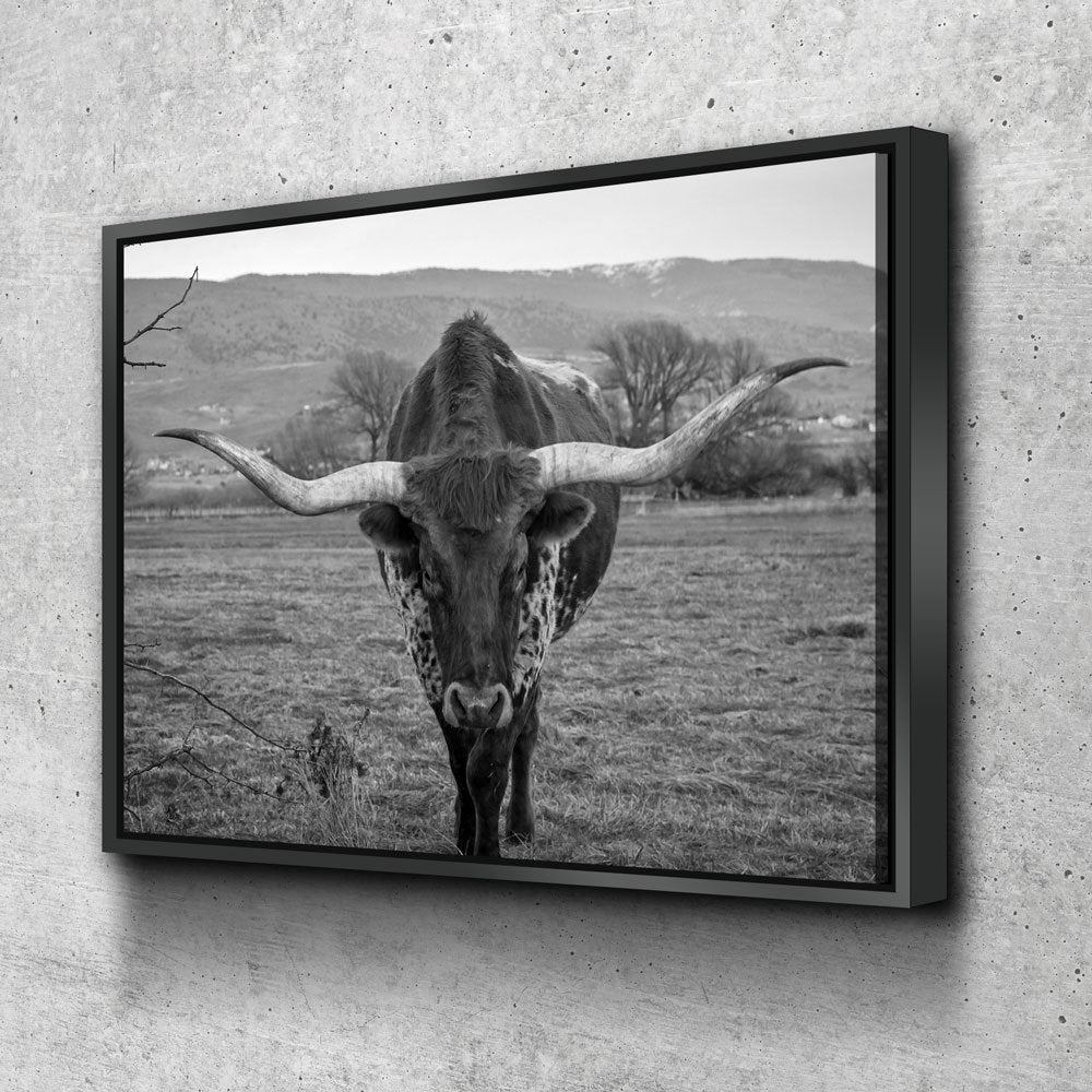 Black and White Texas Longhorn canvas wall art in a ranch-style living room