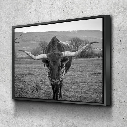 Black and White Texas Longhorn canvas wall art in a ranch-style living room