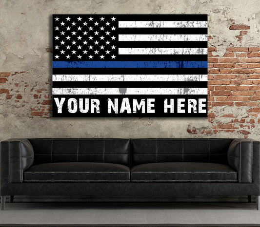 Personalized Thin Blue Line flag canvas wall art with custom name