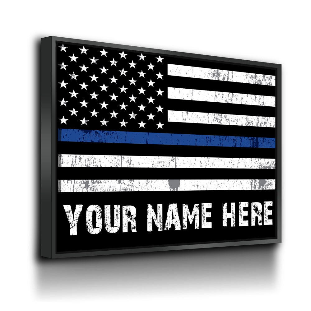 Personalized Thin Blue Line Flag Canvas, Police Officer Wall Art