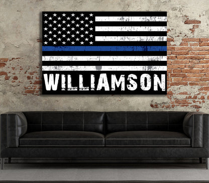 Personalized Thin Blue Line Flag Canvas, Police Officer Wall Art