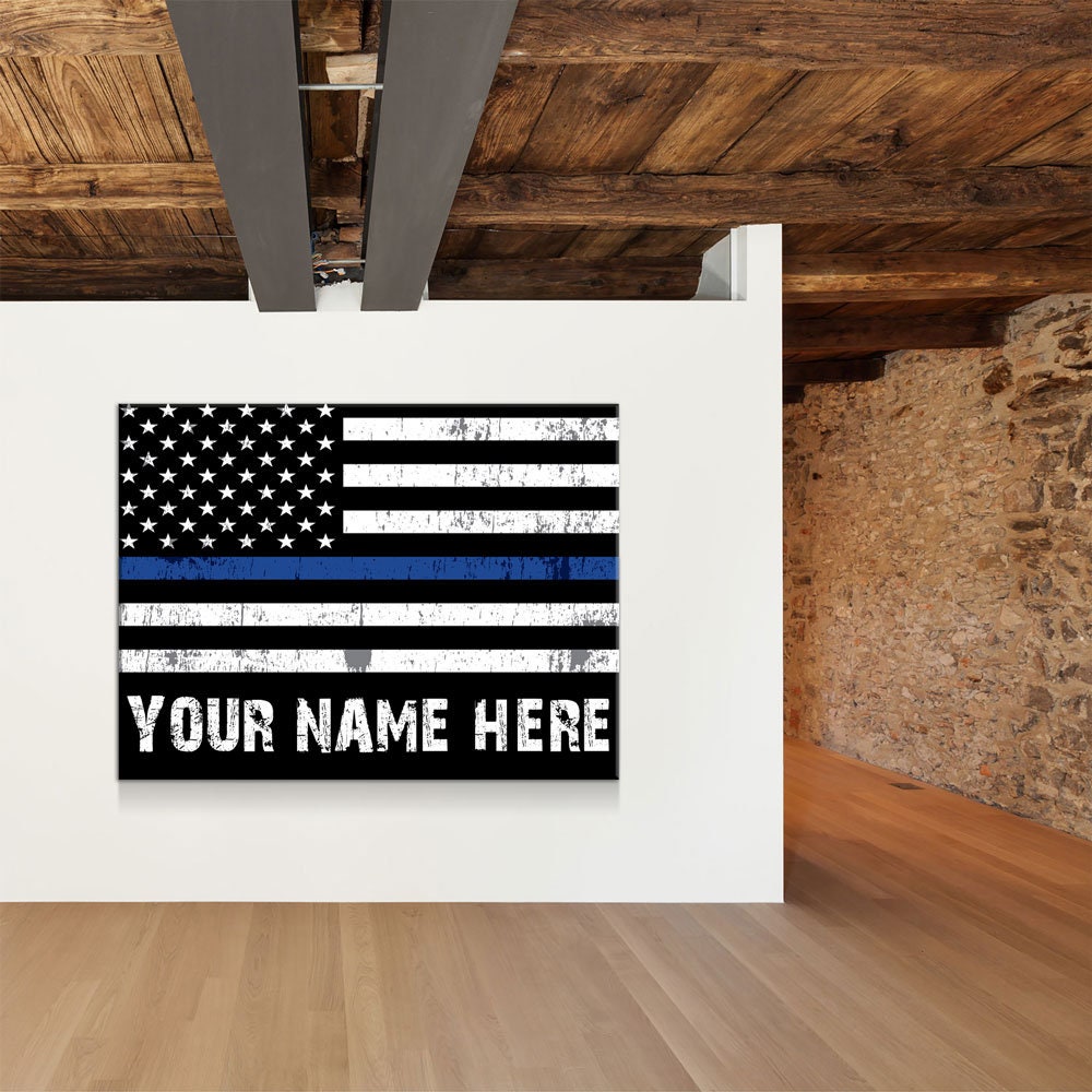 Personalized Thin Blue Line Flag Canvas, Police Officer Wall Art