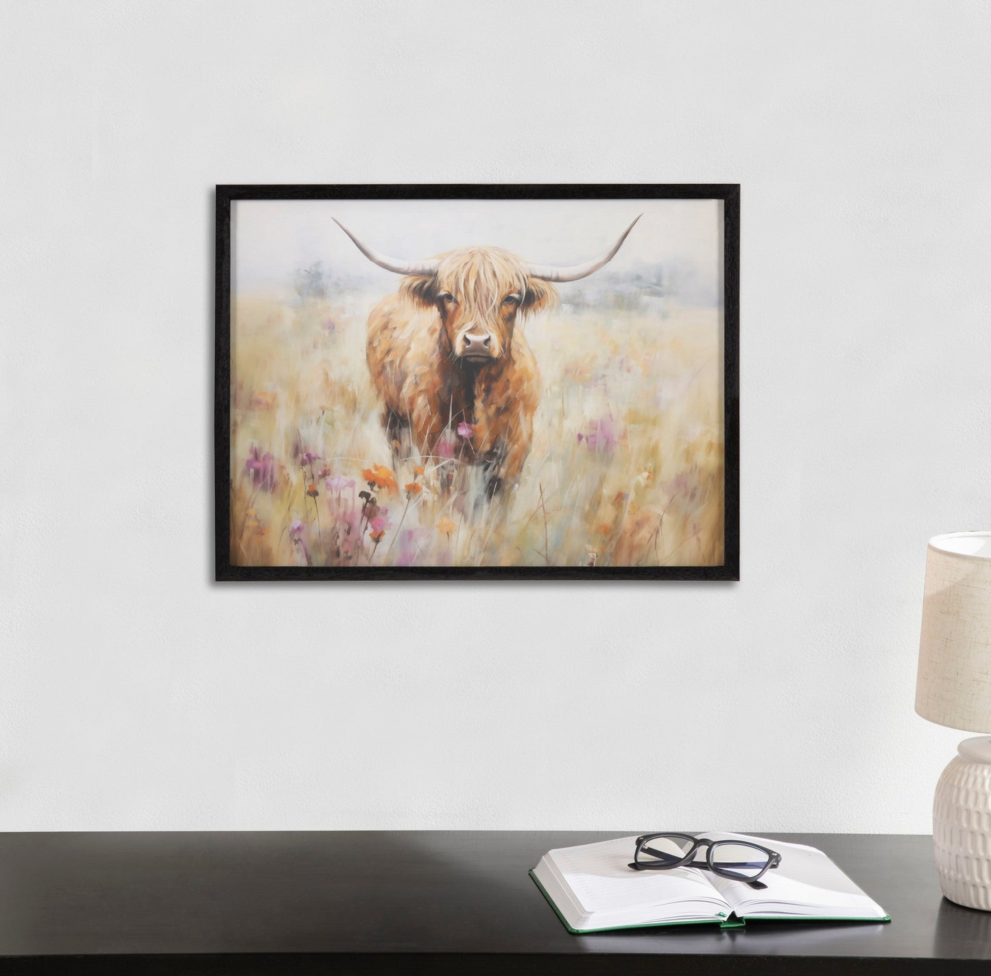 Highland Cow in a Flower Field Framed Wall Art Print
