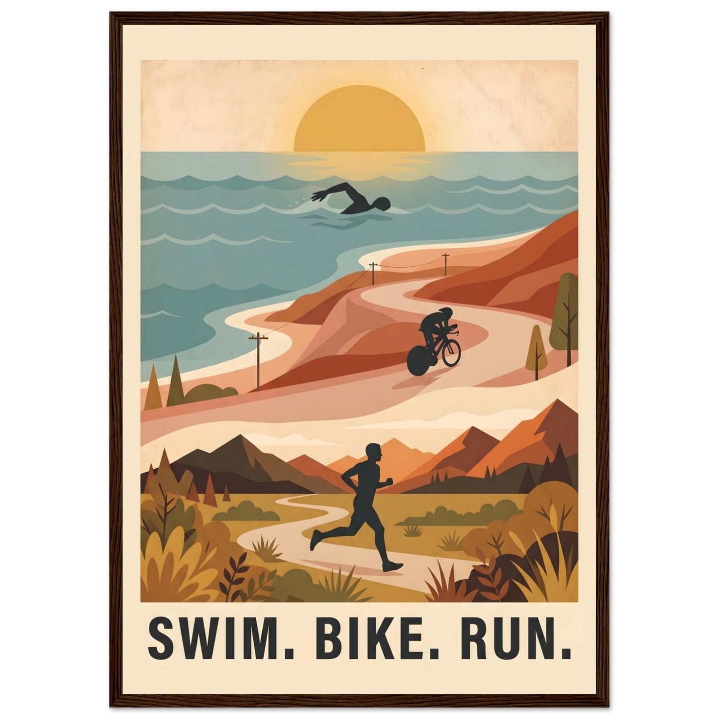 Triathlon Poster: Retro Swim Bike Run Framed Wall Art - A2 (42 x 59.4 cm) - Dark wood frame / Ready-to-hang - Sparkycare