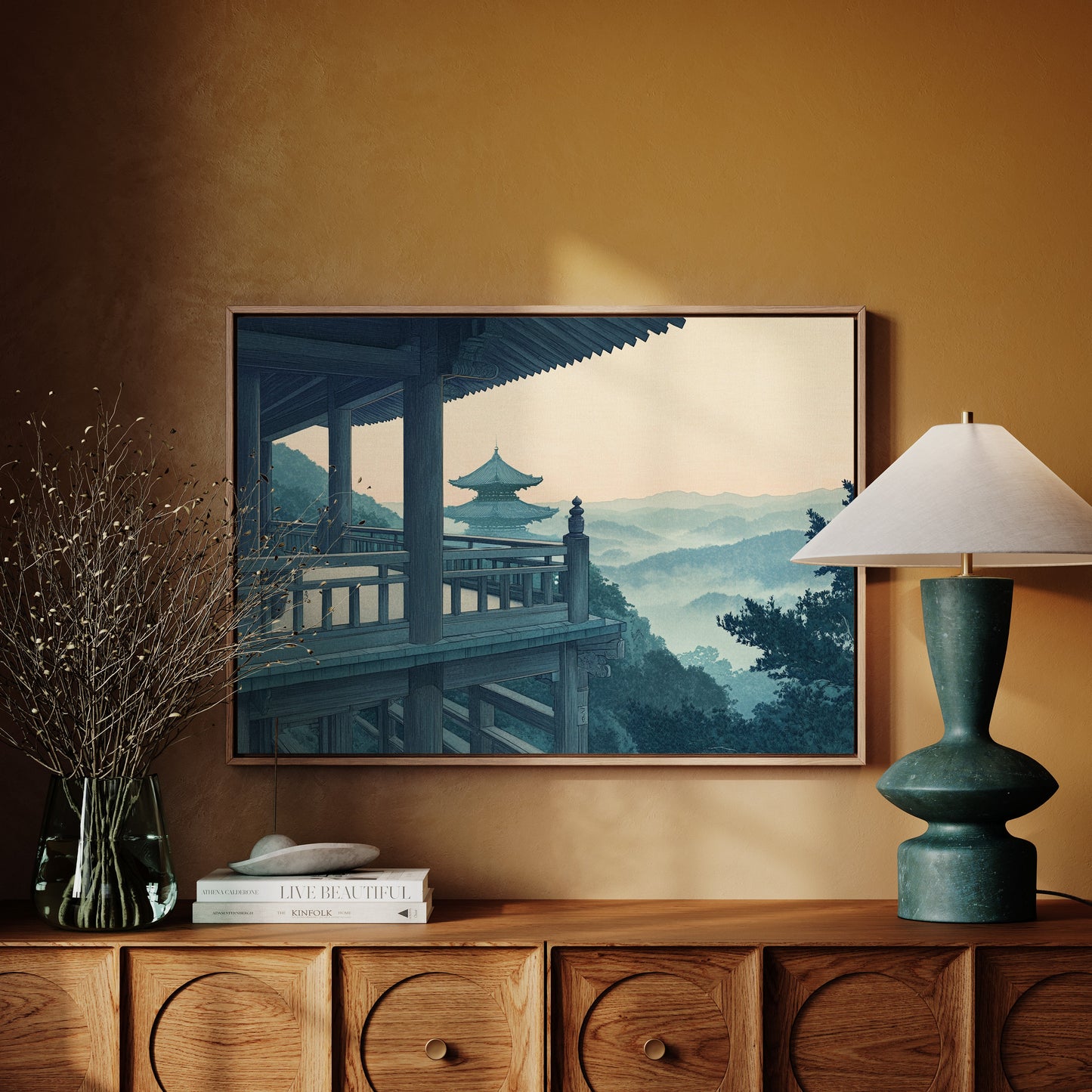 Japanese Temple Balcony Misty Mountain Wall Art Print