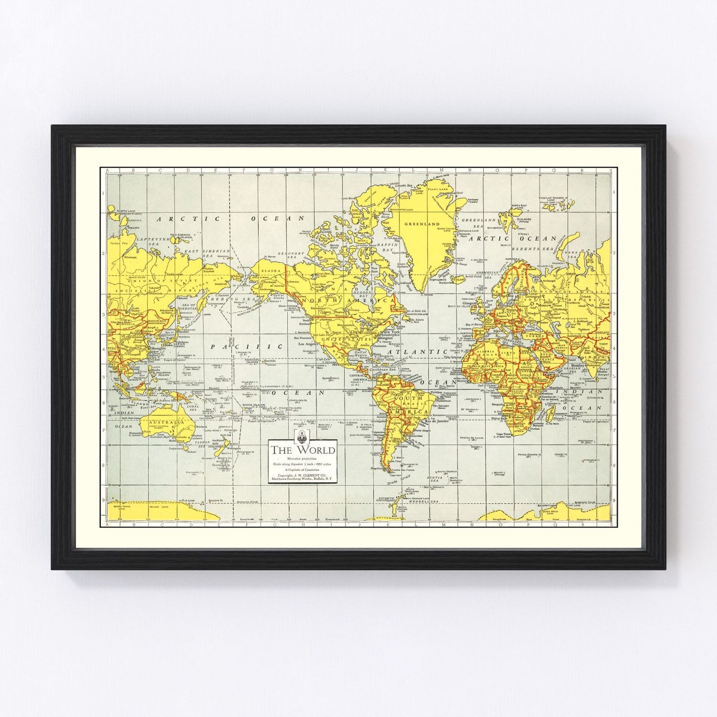 Vintage 1943 WWII-era world map showing wartime geopolitical boundaries, restored print