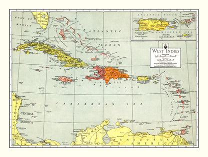 Vintage Map of the Caribbean Sea, 1943