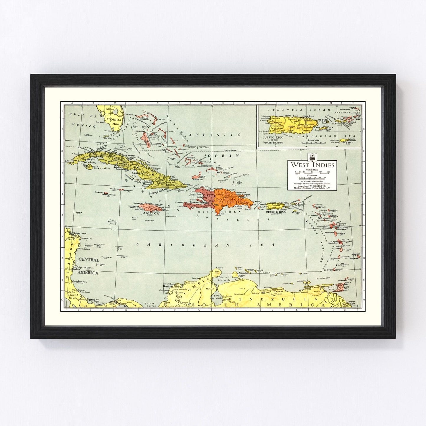 Vintage map of the Caribbean Sea, 1943, restored vintage wall art print