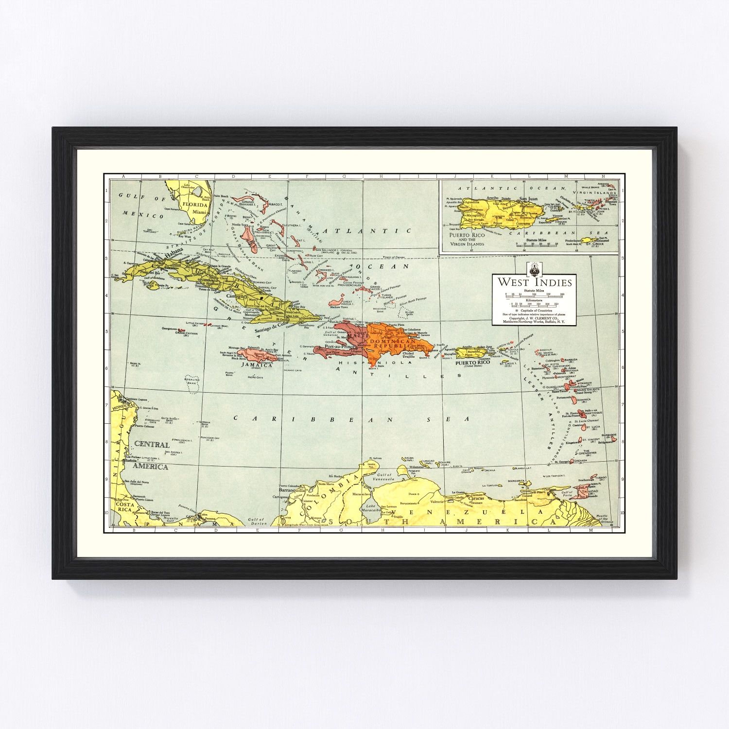 Vintage map of the Caribbean Sea, 1943, restored vintage wall art print