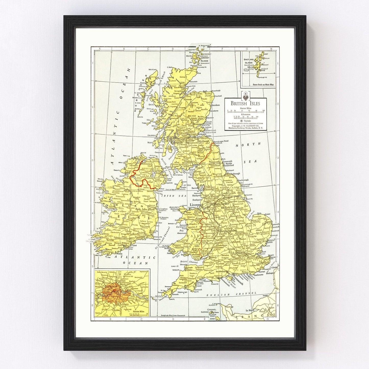 vintage map of the British Isles 1943, restored print wall art
