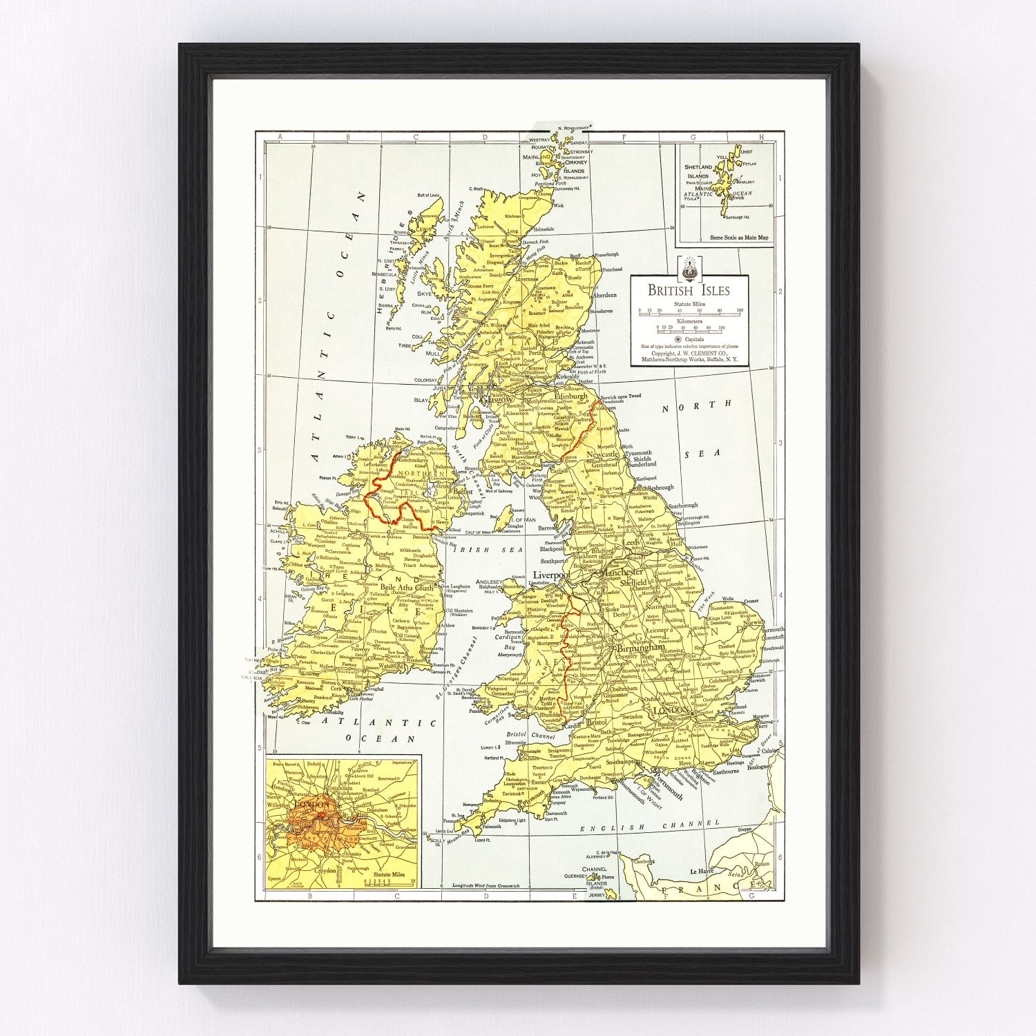 vintage map of the British Isles 1943, restored print wall art