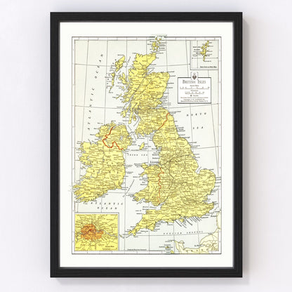 vintage map of the British Isles 1943, restored print wall art
