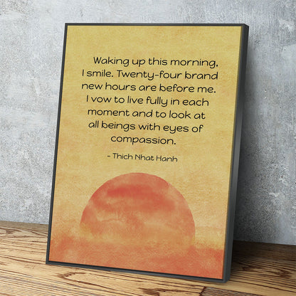 Waking up this morning I smile canvas wall art, Thich Nhat Hanh quote with sunrise, framed