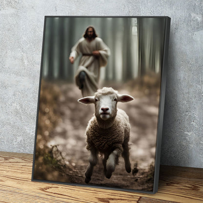 Jesus running after a lost lamb religious canvas wall art for home decor