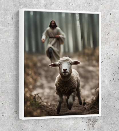 Jesus Running After A Lost Lamb Canvas Wall Art