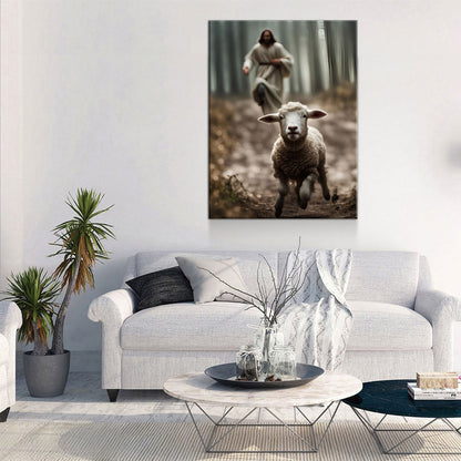 Jesus Running After A Lost Lamb Canvas Wall Art