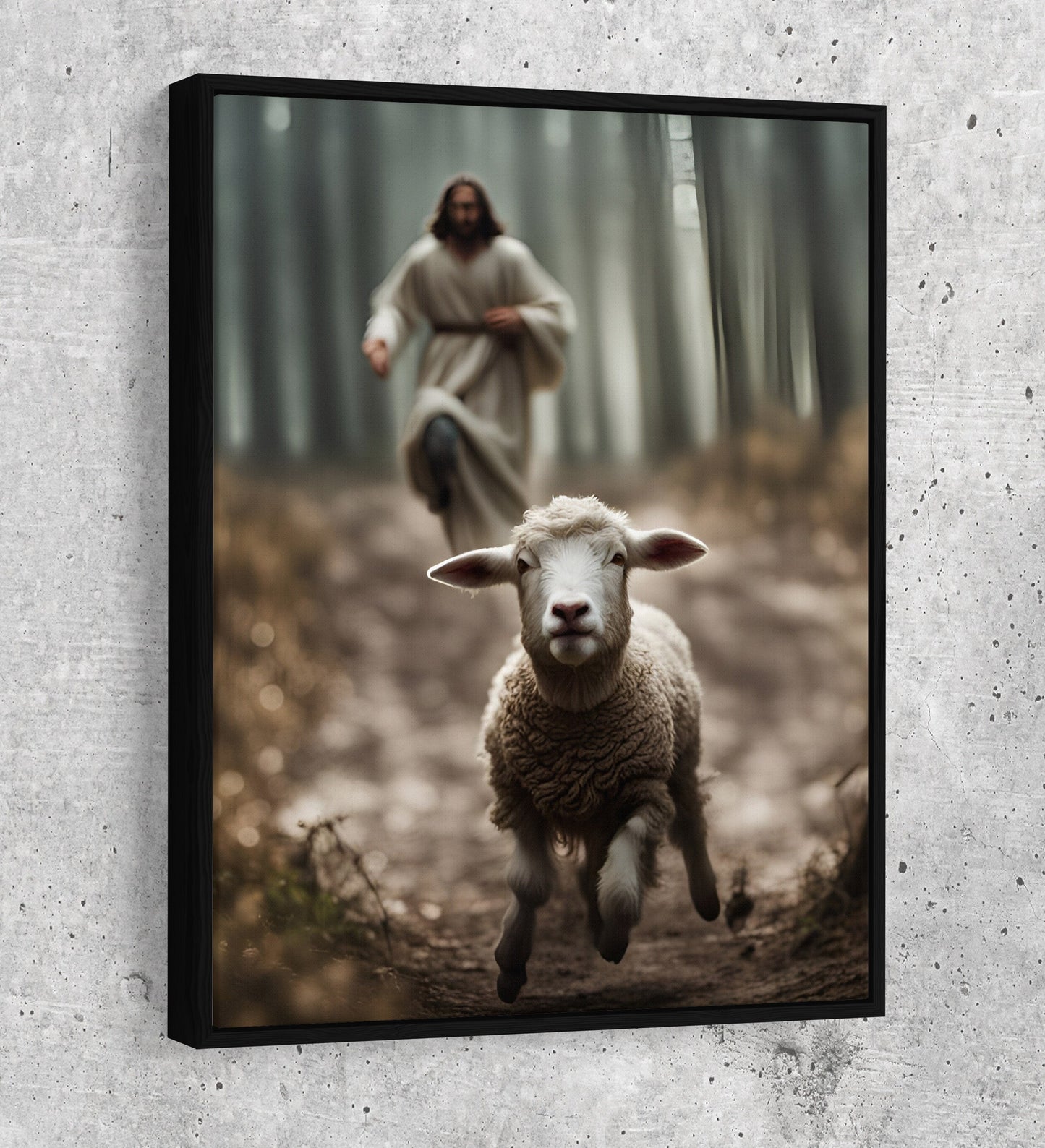 Jesus Running After A Lost Lamb Canvas Wall Art