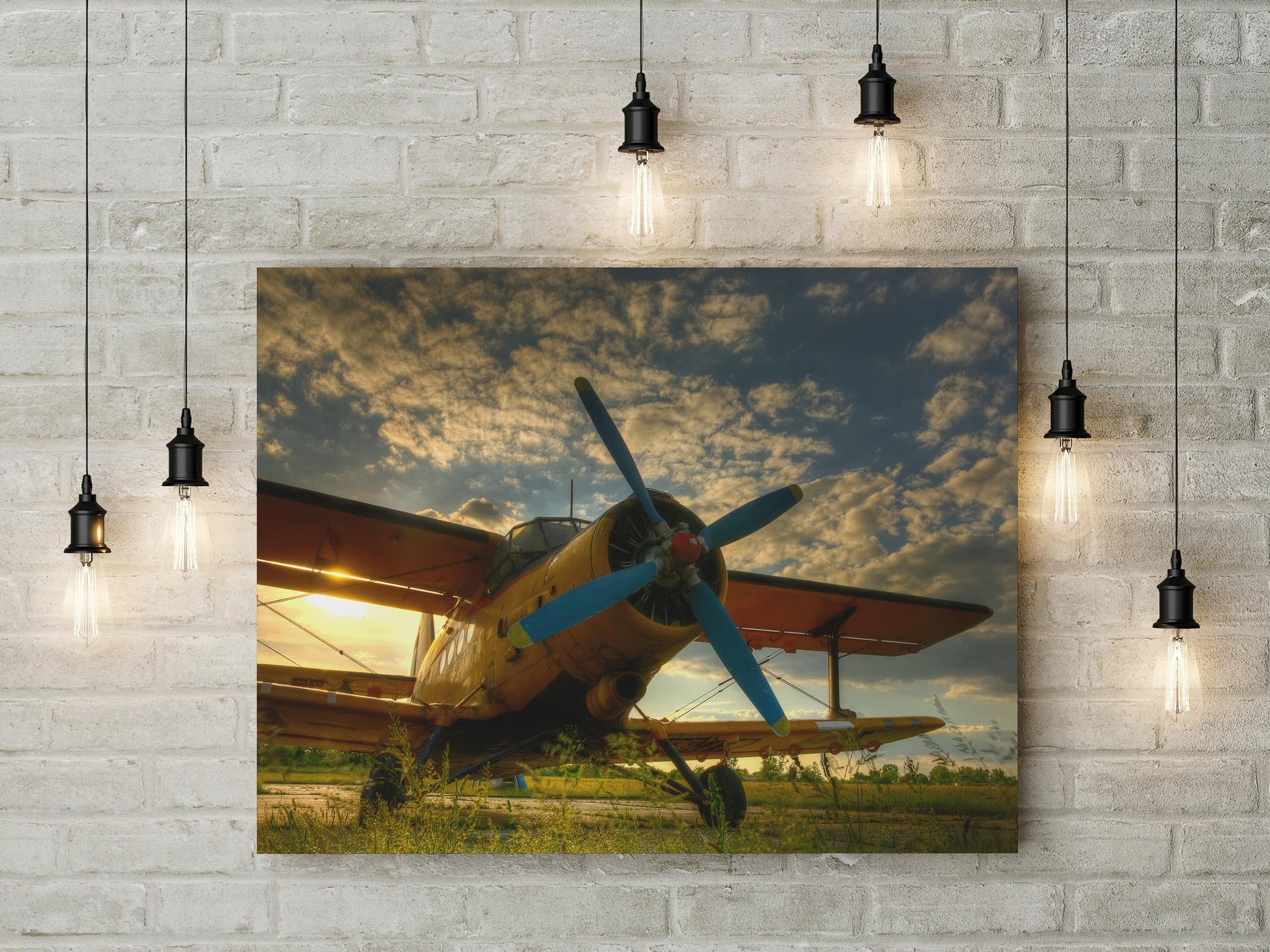 Old Airplane Sunset vintage biplane canvas wall art