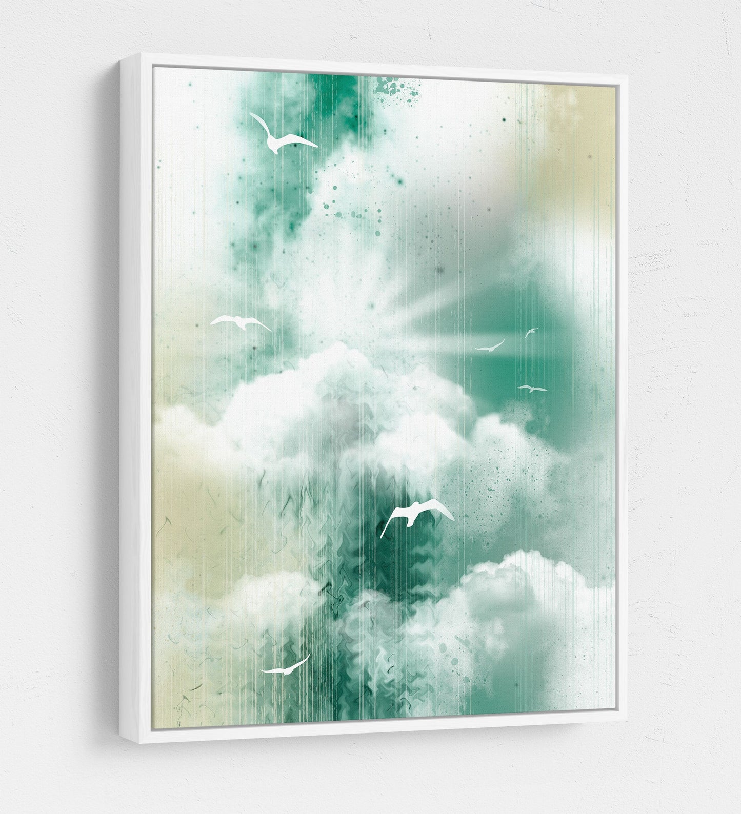Morning Glory coastal canvas wall art with seagulls flying over calm ocean sky