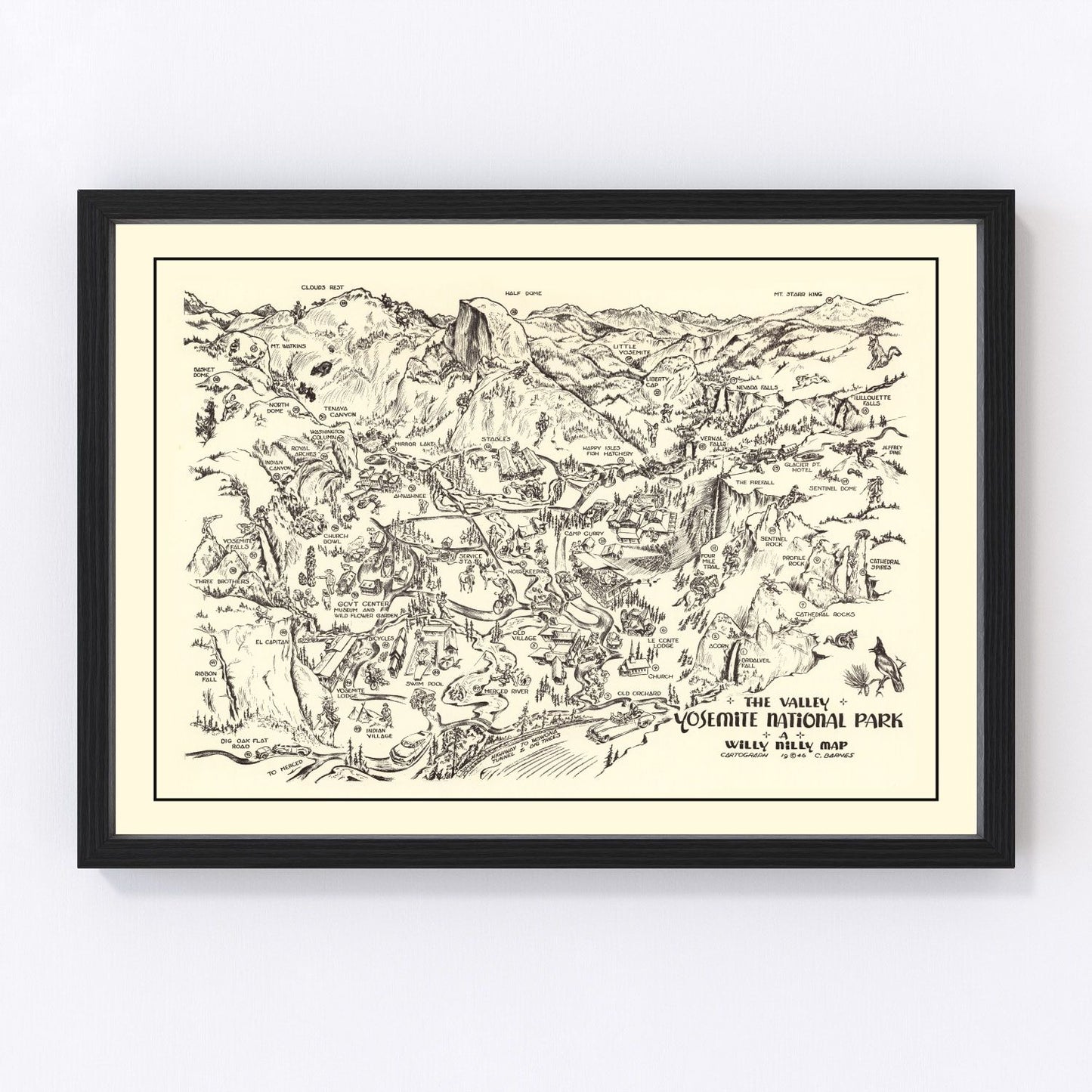 Vintage restored map of Yosemite National Park, 1946