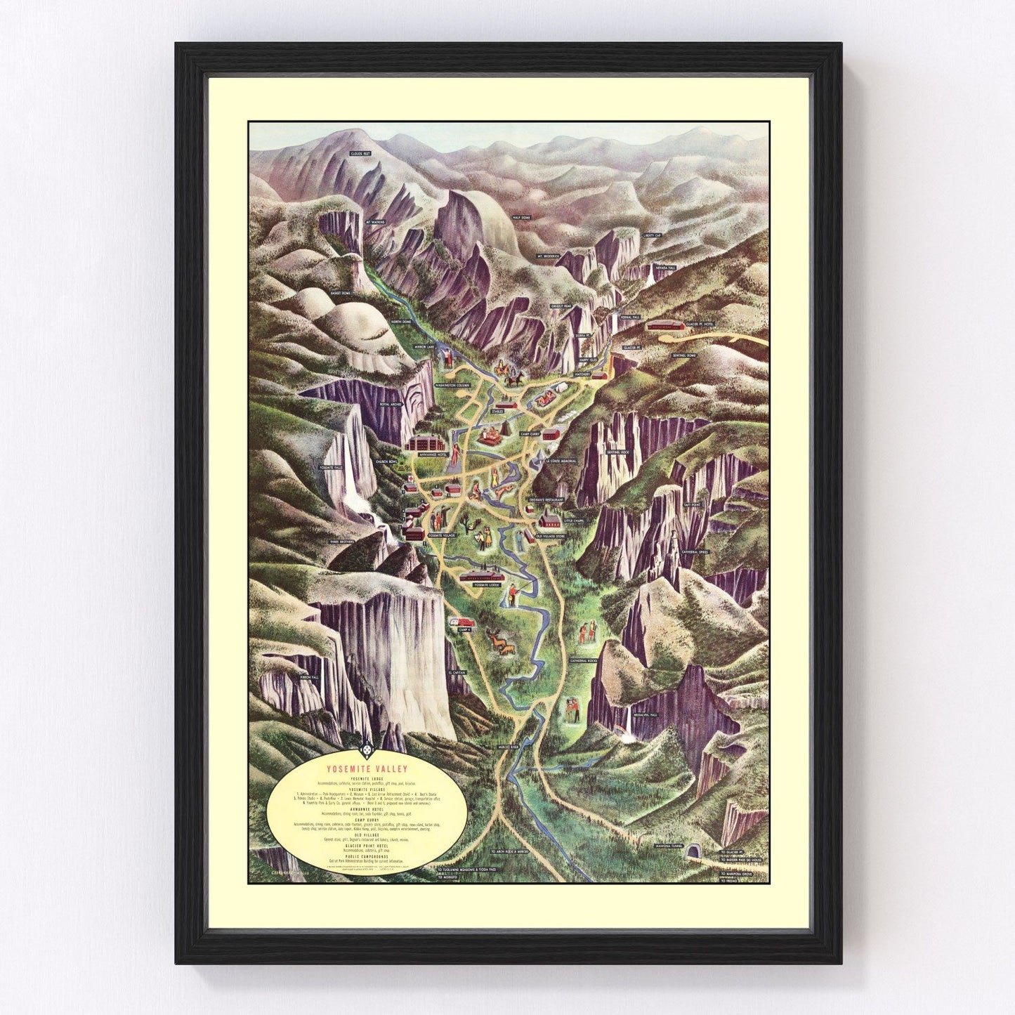 Vintage 1955 Yosemite Valley map California, digitally restored print