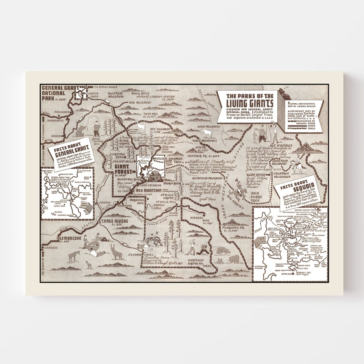 Vintage Map of Sequoia and General Grant National Parks, 1937