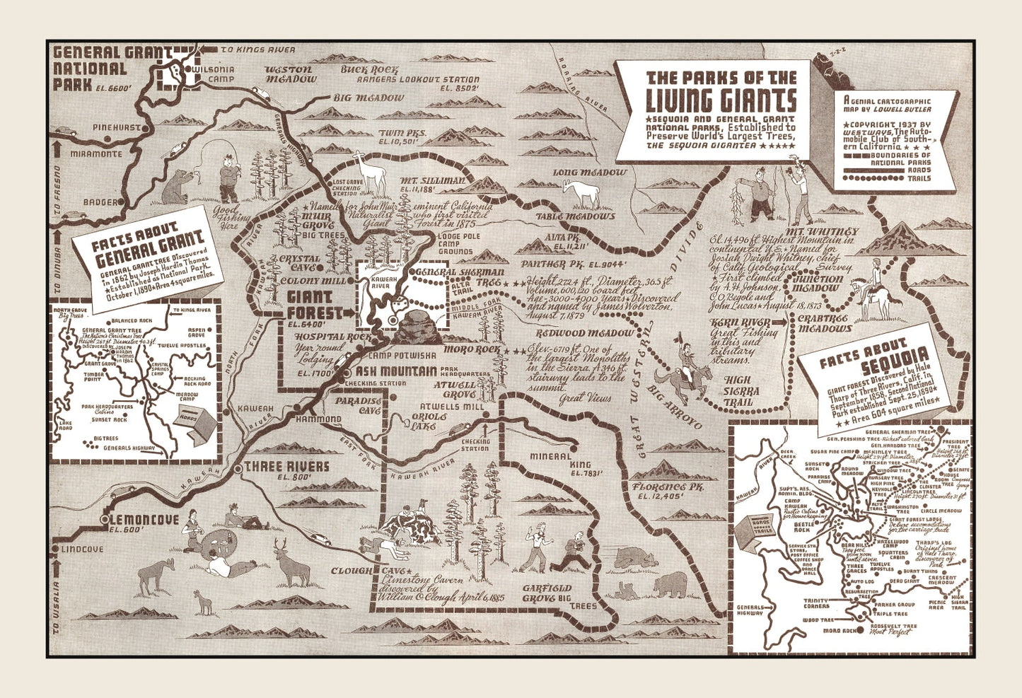 Vintage Map of Sequoia and General Grant National Parks, 1937