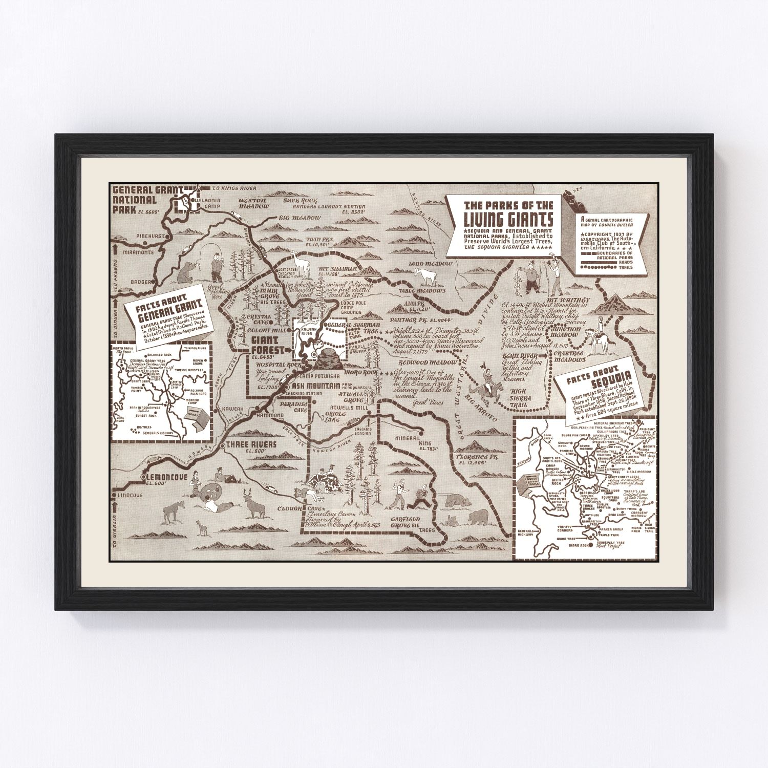 Vintage map of Sequoia and General Grant National Parks, 1937