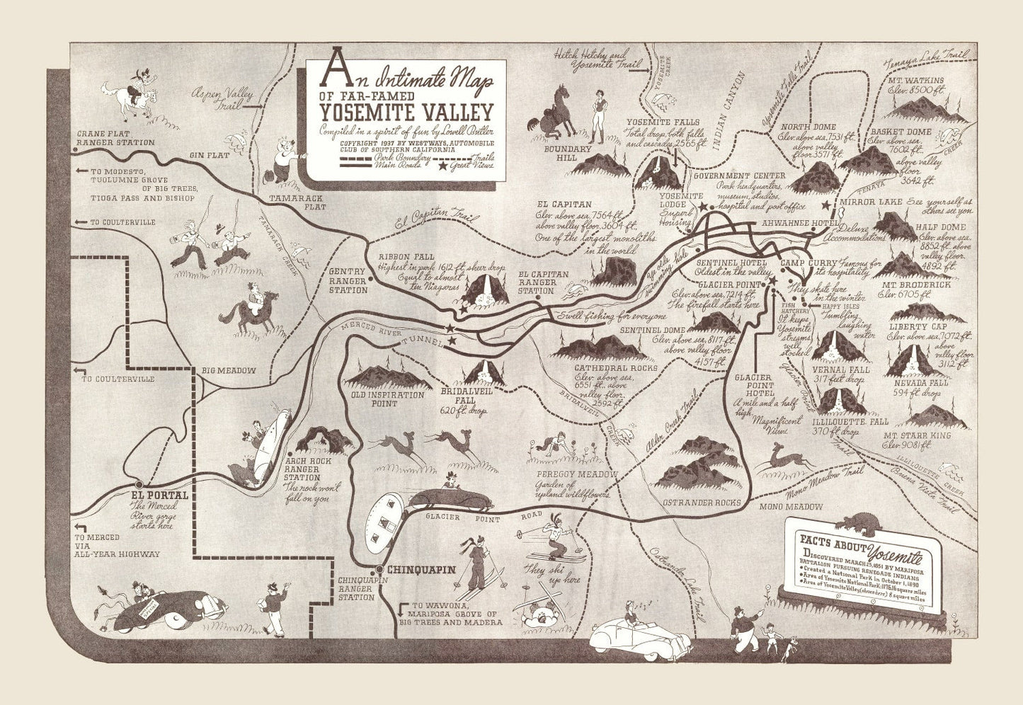 Vintage Map of Yosemite Valley, 1937