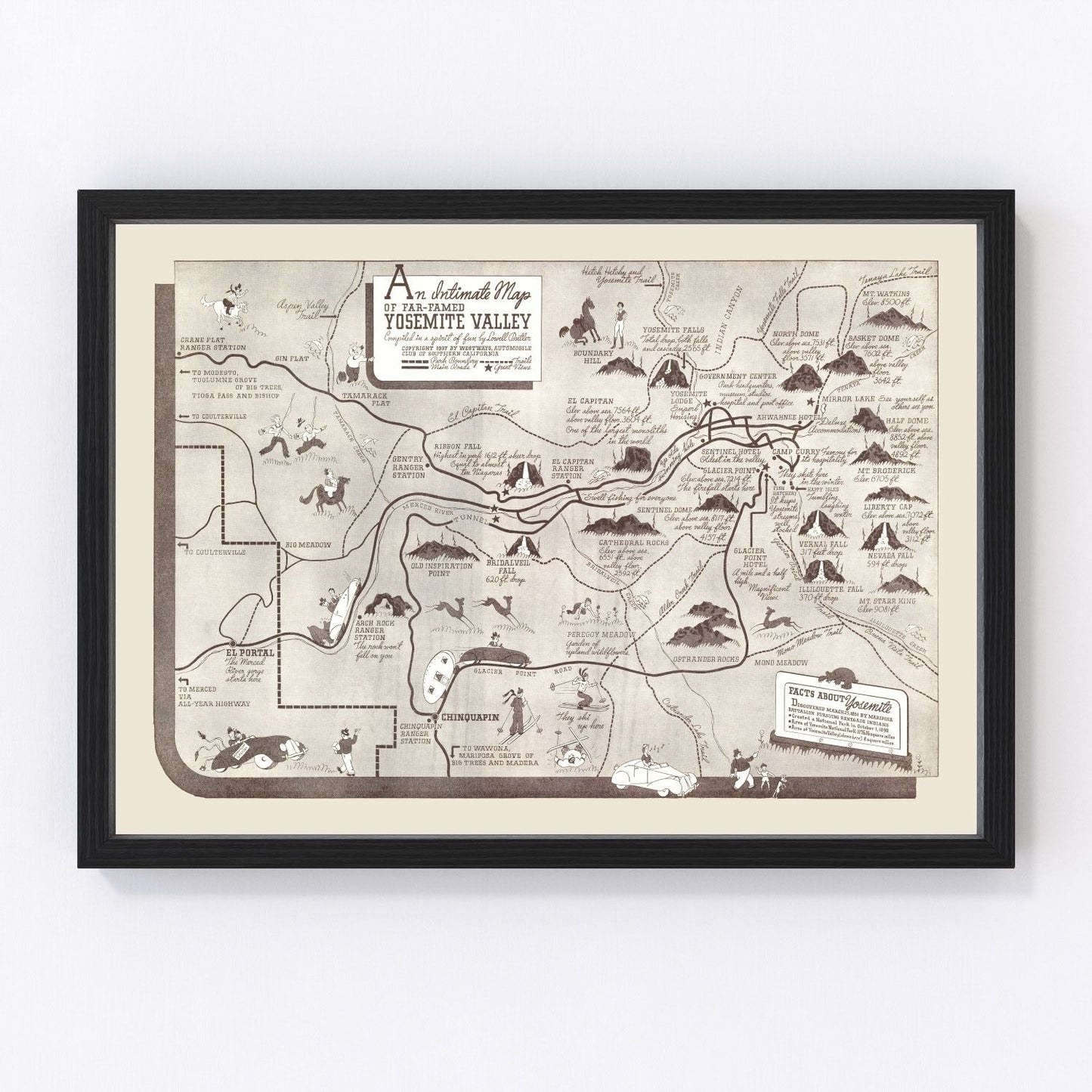 Vintage 1937 Yosemite Valley map California, digitally restored print