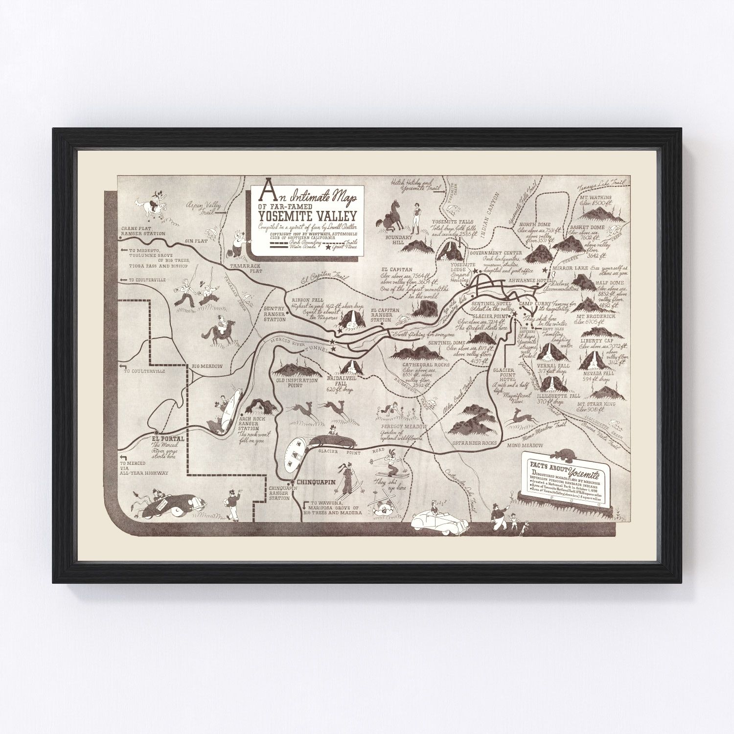 Vintage 1937 Yosemite Valley map California, digitally restored print