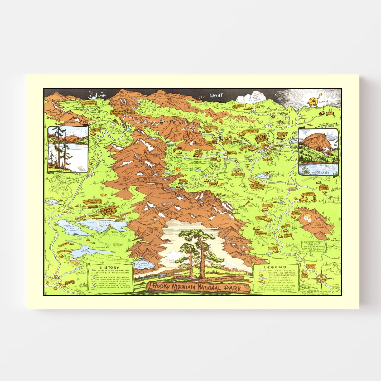 Vintage Map of Rocky Mountain National Park, Estes Park, 1948