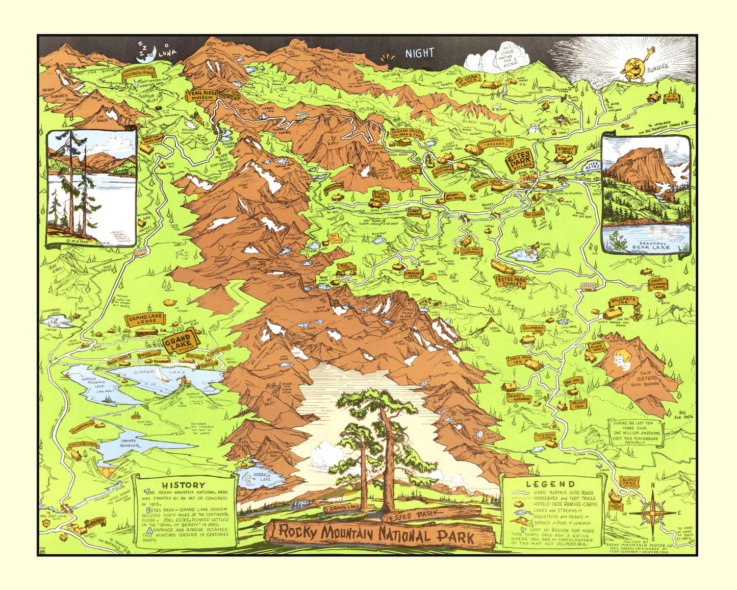 Vintage Map of Rocky Mountain National Park, Estes Park, 1948