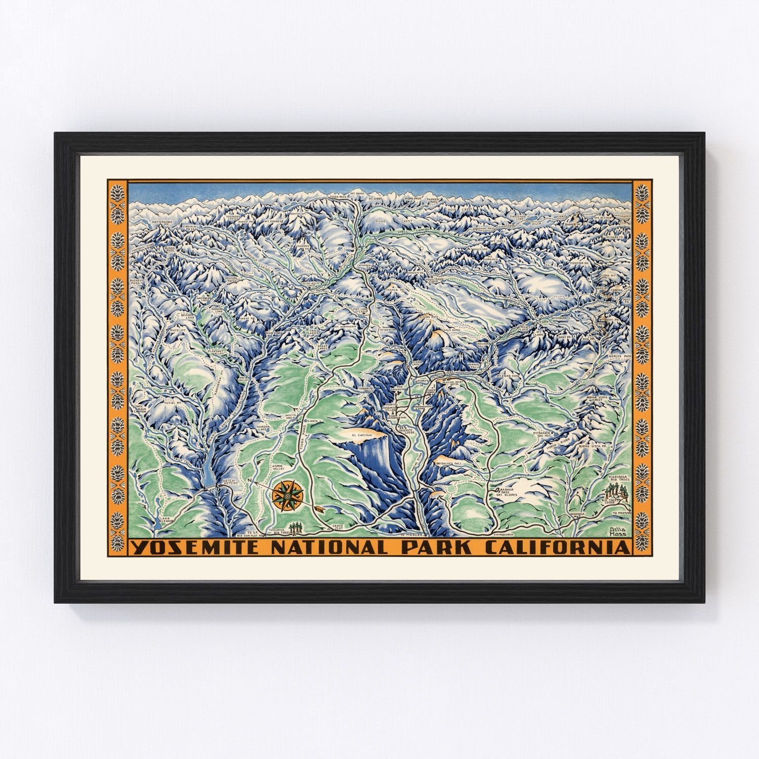 Vintage restored map of Yosemite National Park, 1955