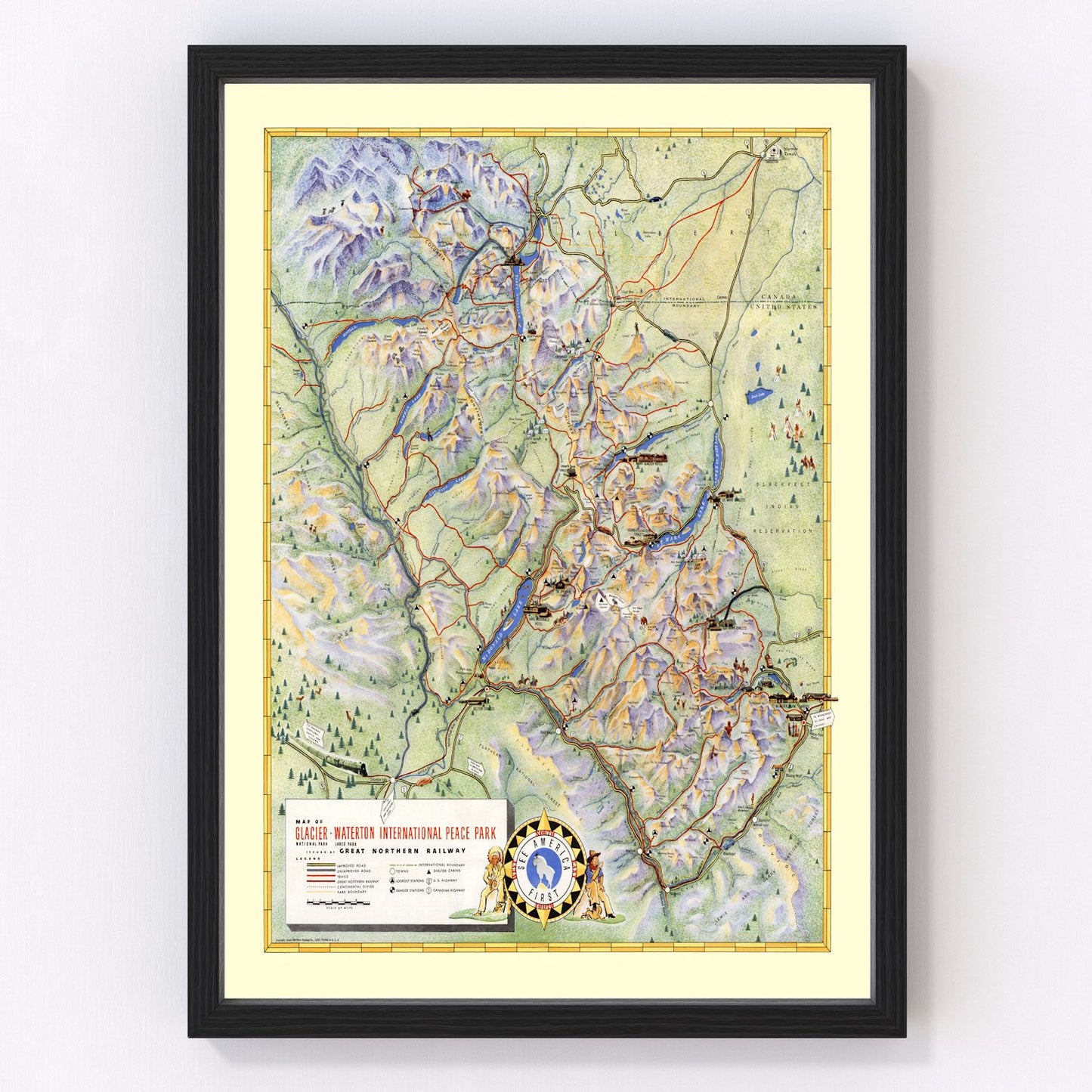 Vintage map of Glacier National Park, Montana, 1939
