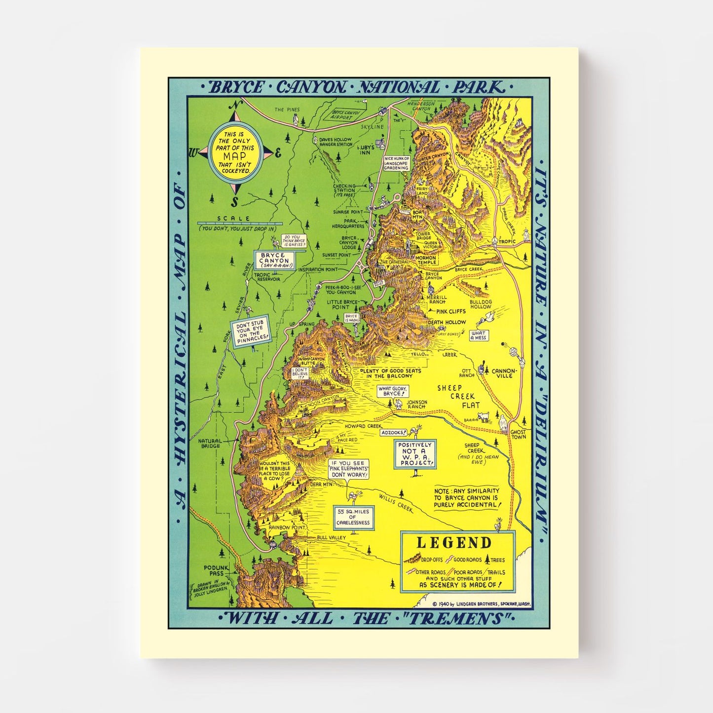 Vintage Map of Bryce Canyon National Park 1940 Wall Art
