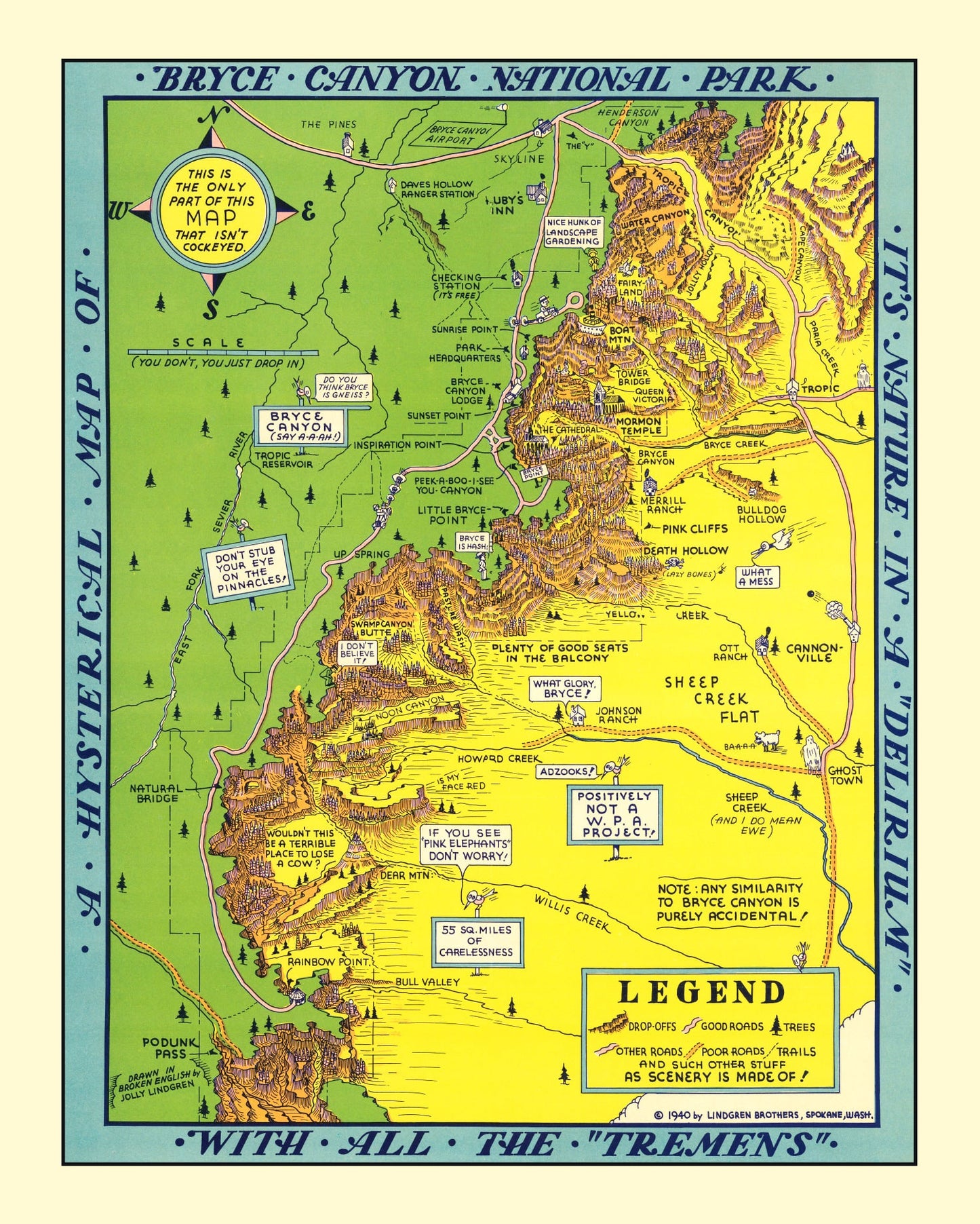 Vintage Map of Bryce Canyon National Park 1940 Wall Art